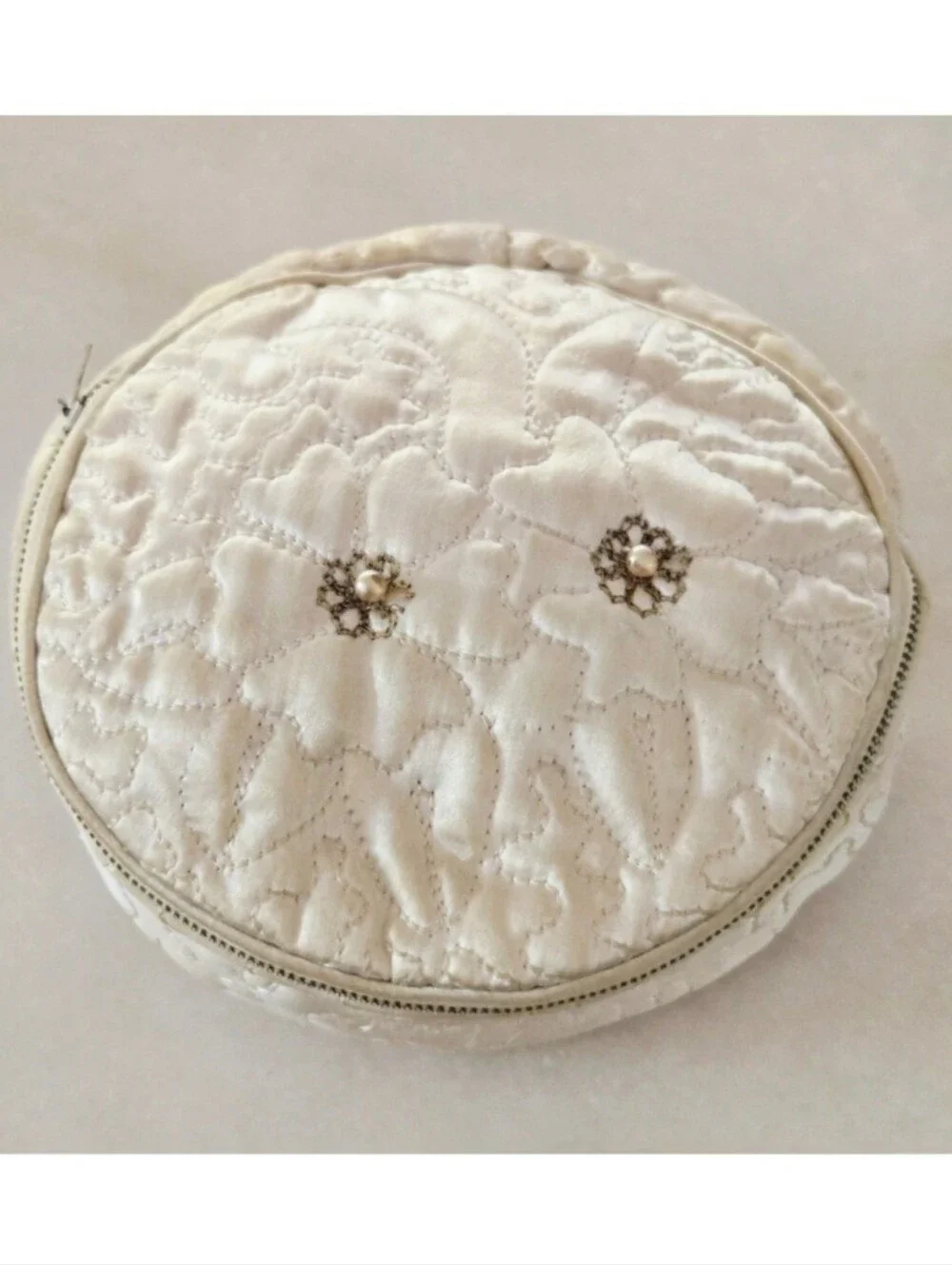 Vtg Satin Embroidered Pearl Jewelry/Trinket Pouch, Storage, Travel, Wedding
